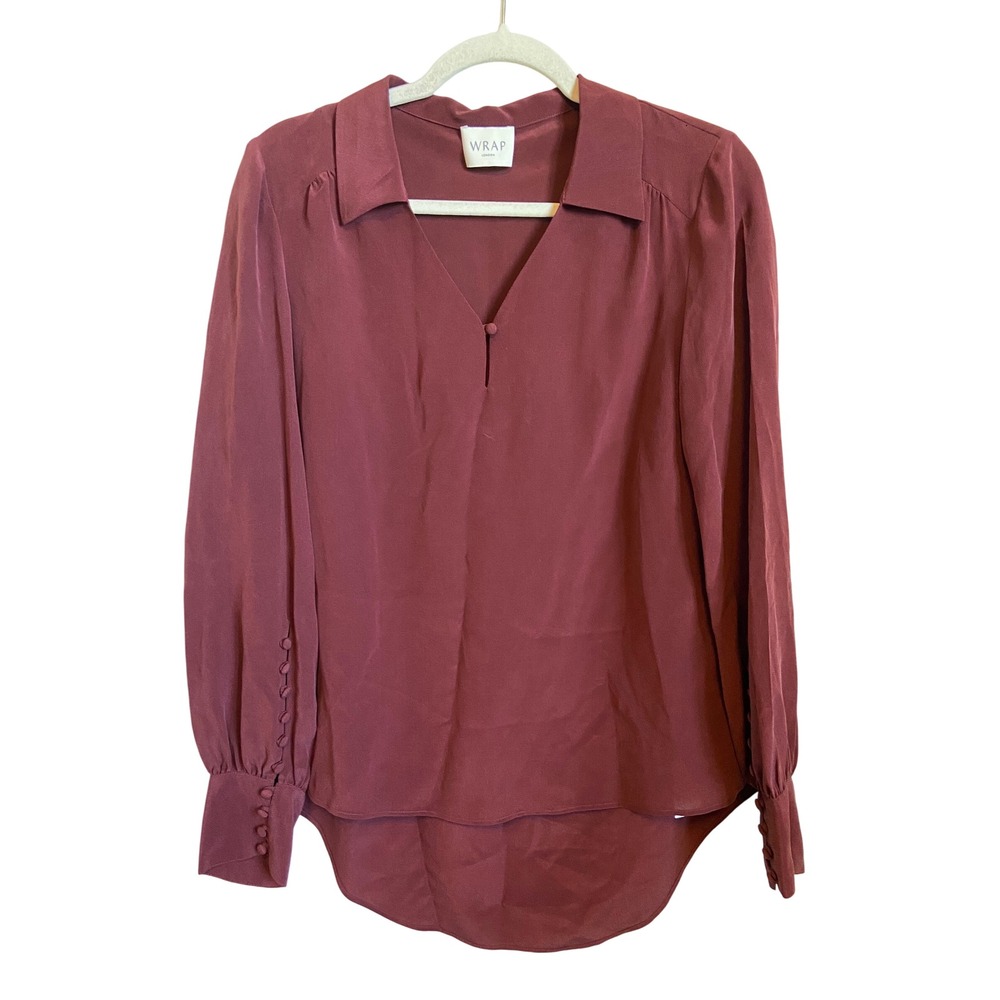 Wrap London Silk V-Neck Blouse Button Cuff High-Low Hem New